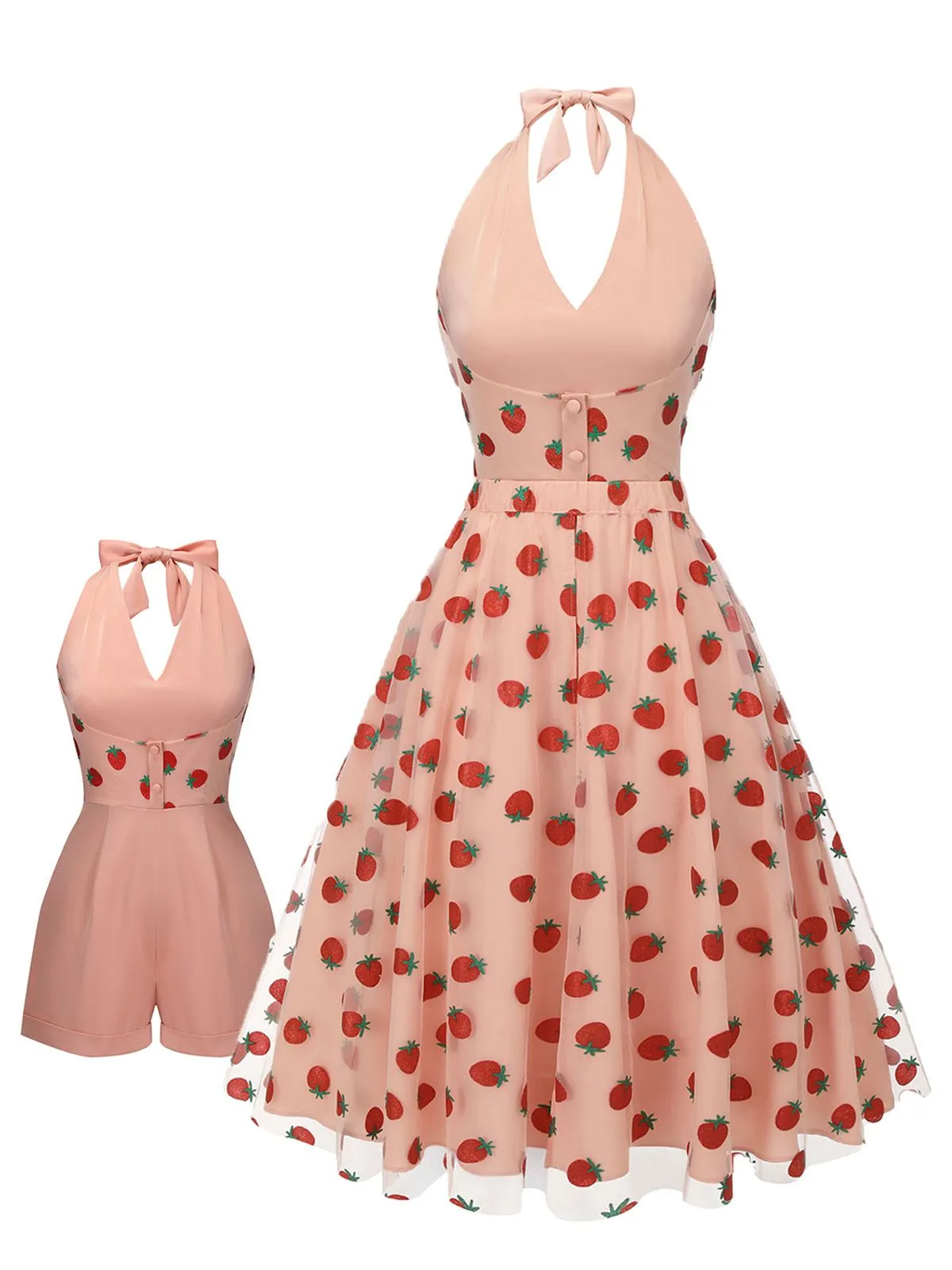 2PCS Pink 1950s Halter Strawberry Romper & Umbrella Skirt