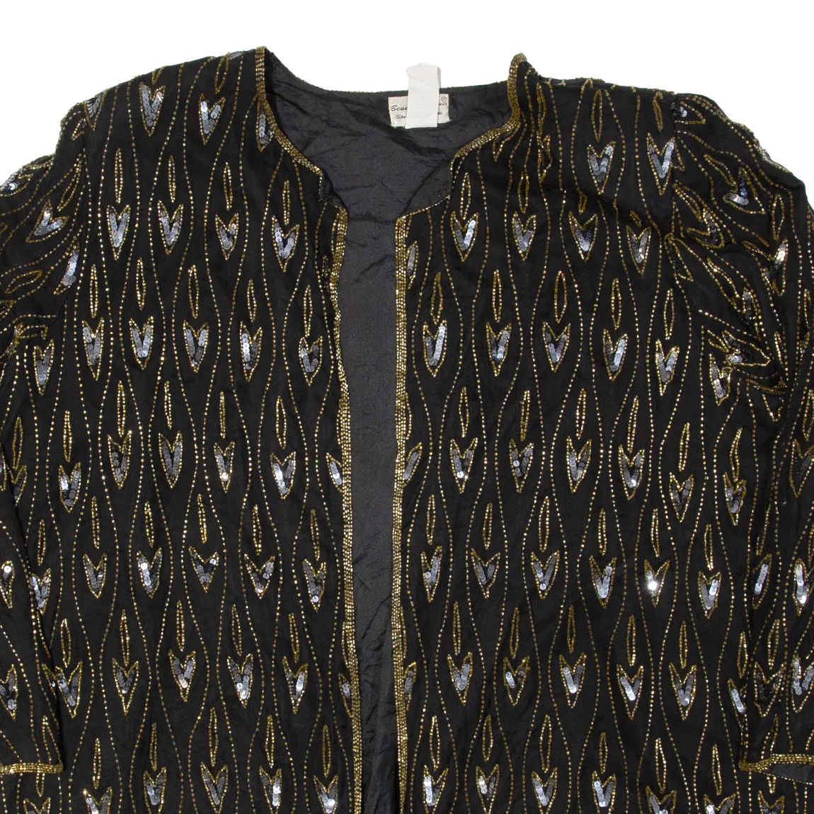 BEADED DRAMA Womens Jacket Black Silk 90s M