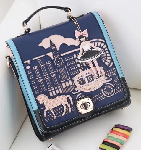 Blue Laser Cut Hollow Out Pony Soldier Fairy Tale Pattern Vintage School Backpack