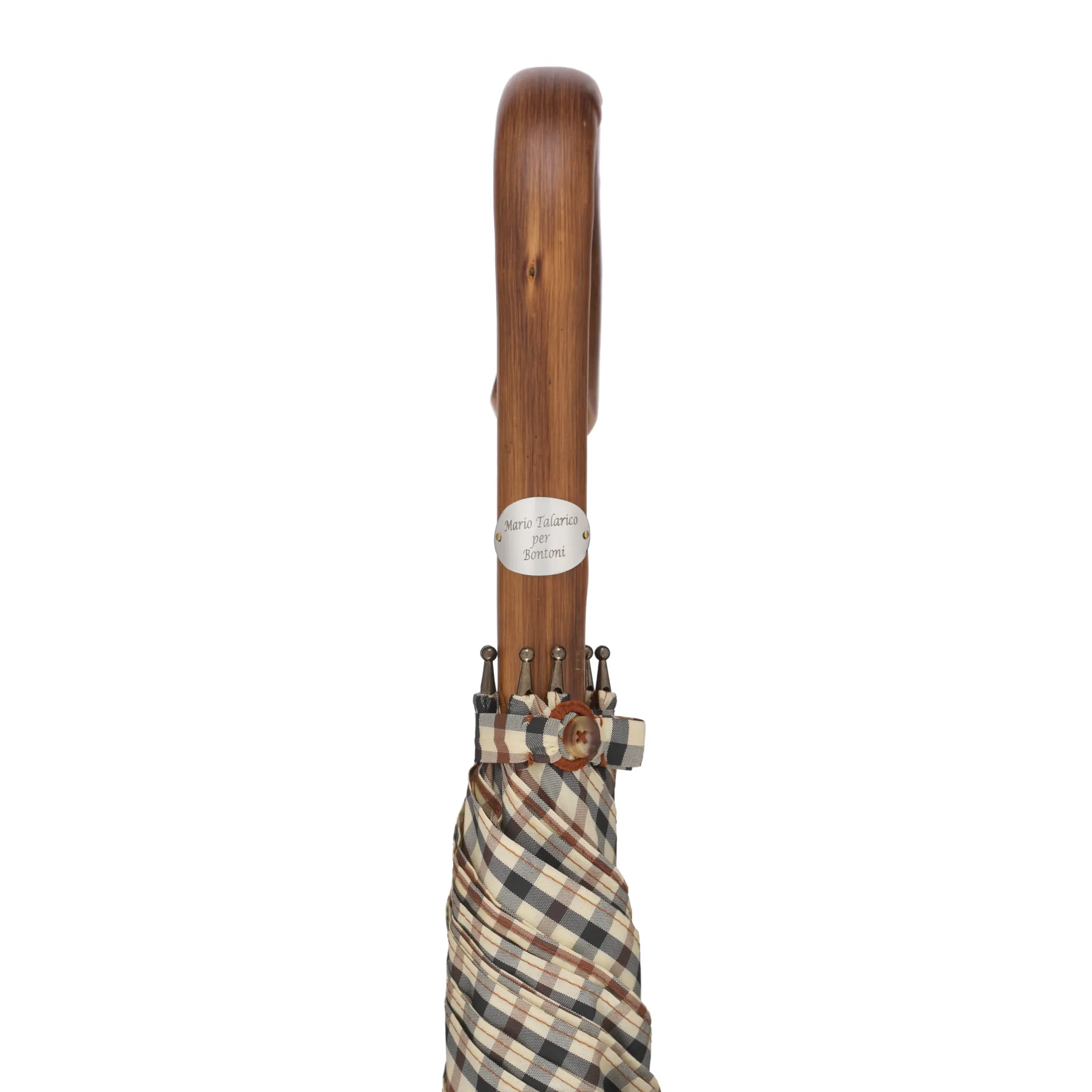  Bontoni Chestnut Wood-Handle Checked Umbrella in Brown