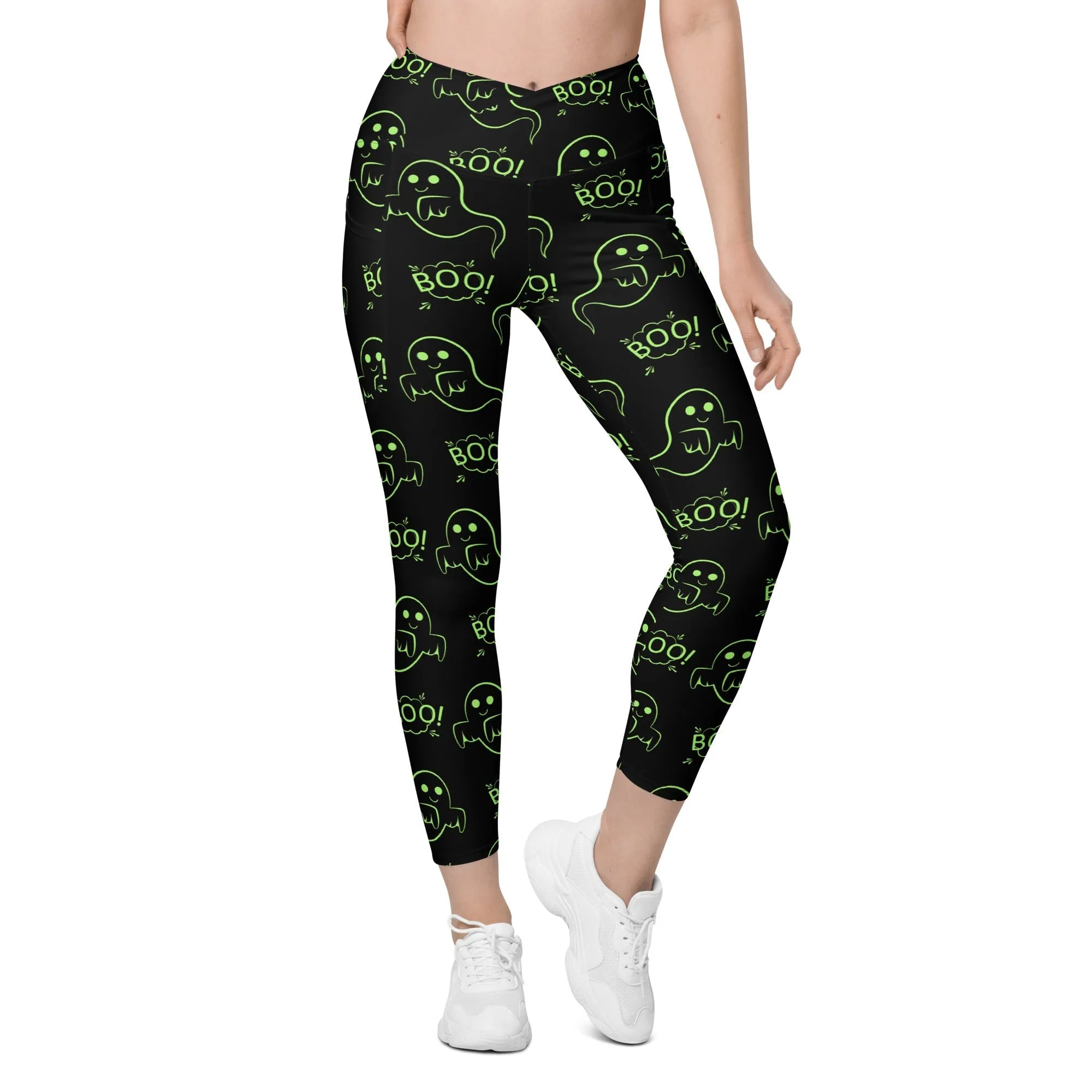 Boo Halloween Ghost Crossover Leggings With Pockets