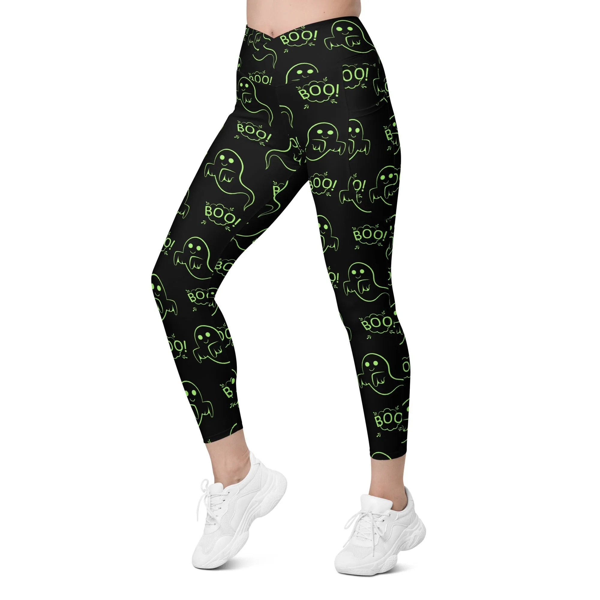 Boo Halloween Ghost Crossover Leggings With Pockets