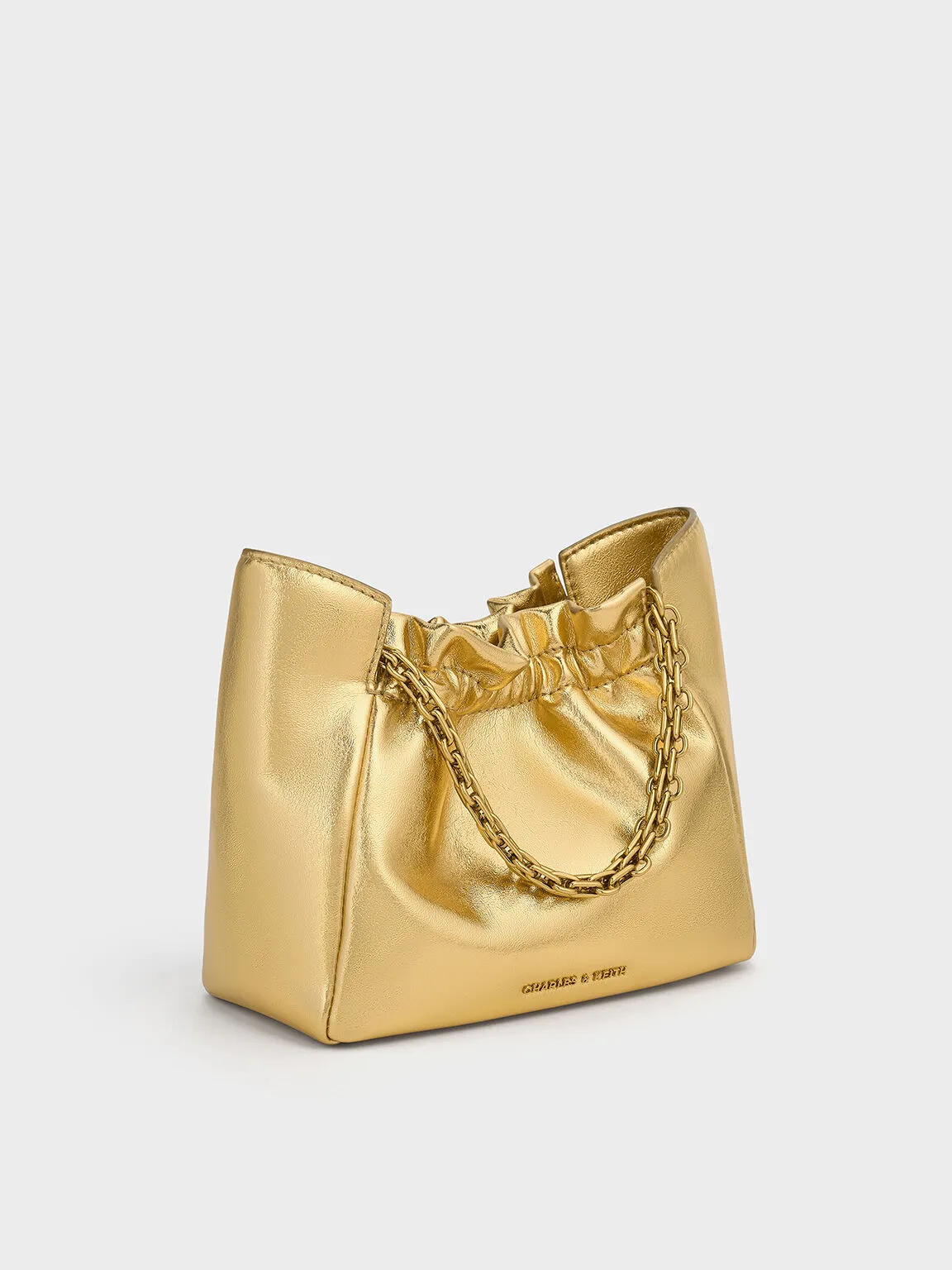 Brigette Ruched Metallic Chain-Handle Shoulder Bag - Gold