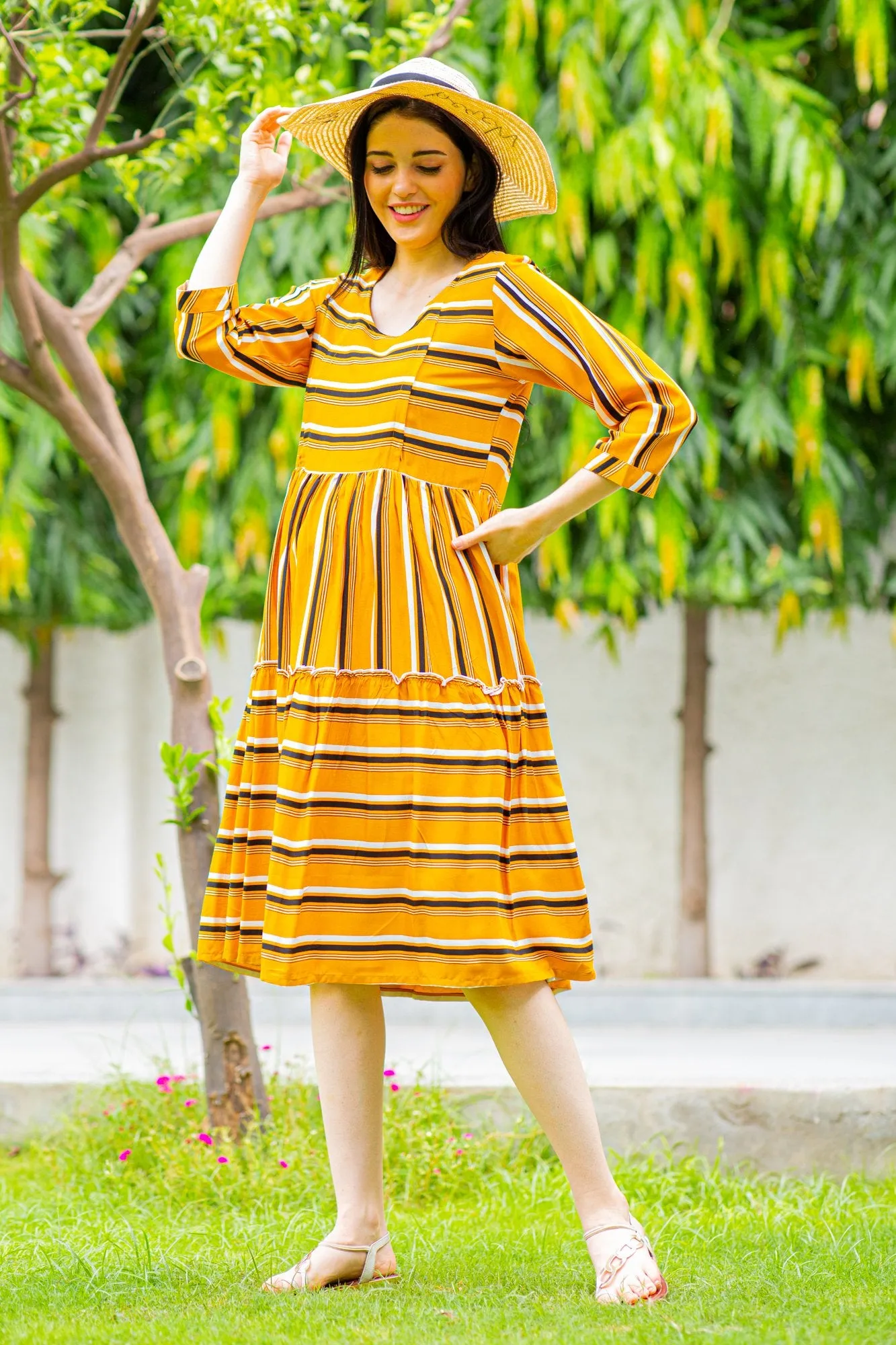 Canary Stripe Maternity & Nursing Dress