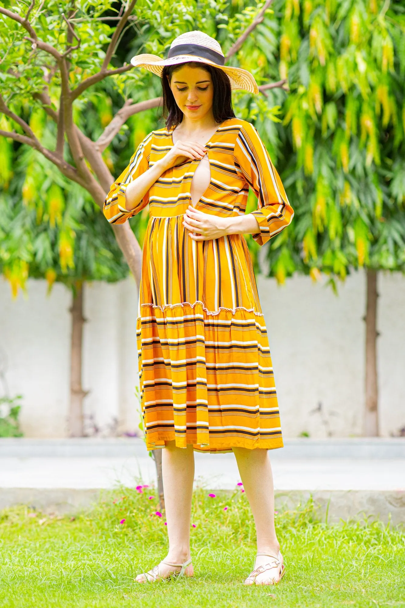 Canary Stripe Maternity & Nursing Dress