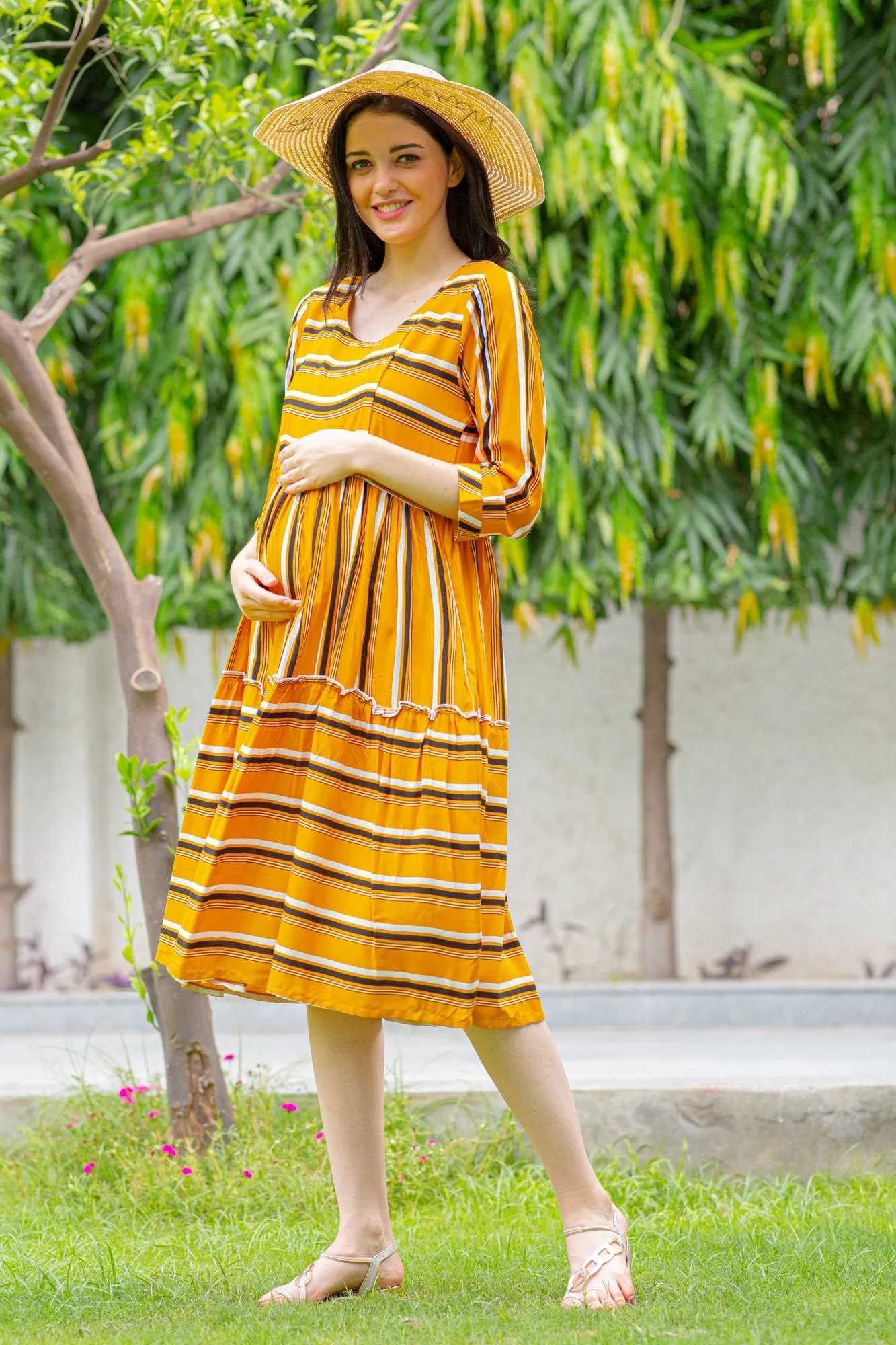 Canary Stripe Maternity & Nursing Dress