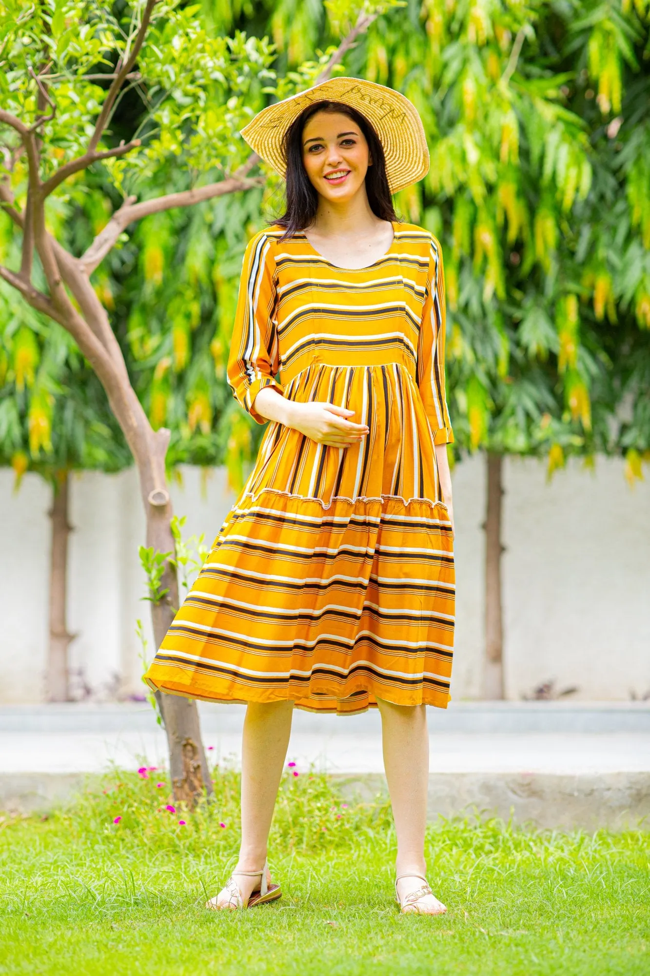 Canary Stripe Maternity & Nursing Dress