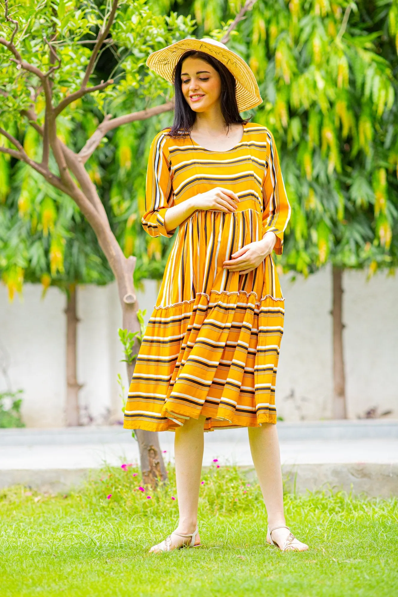 Canary Stripe Maternity & Nursing Dress