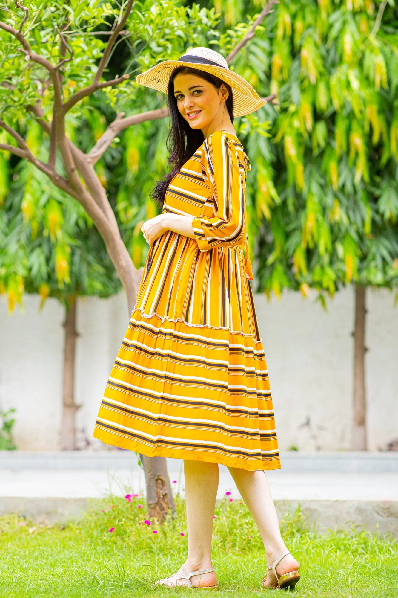 Canary Stripe Maternity & Nursing Dress