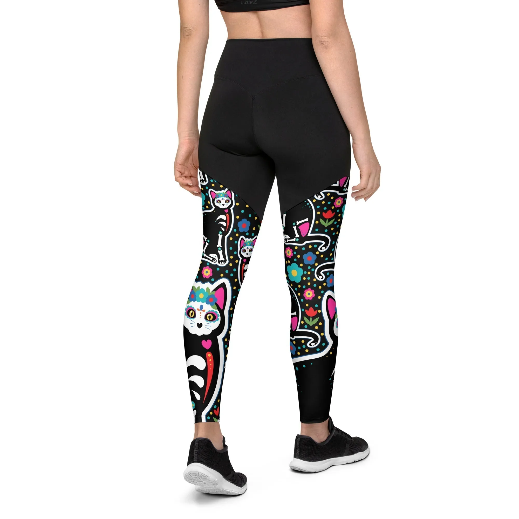 Day of the Dead Cat Print Compression Leggings