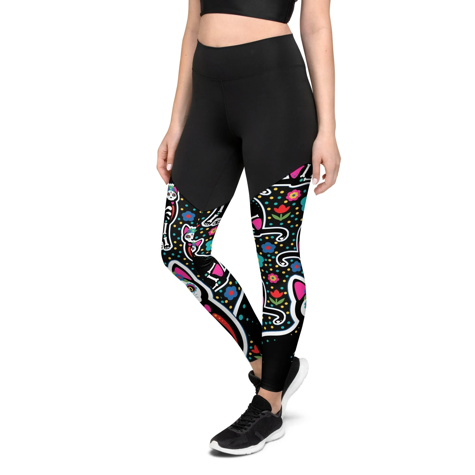 Day of the Dead Cat Print Compression Leggings