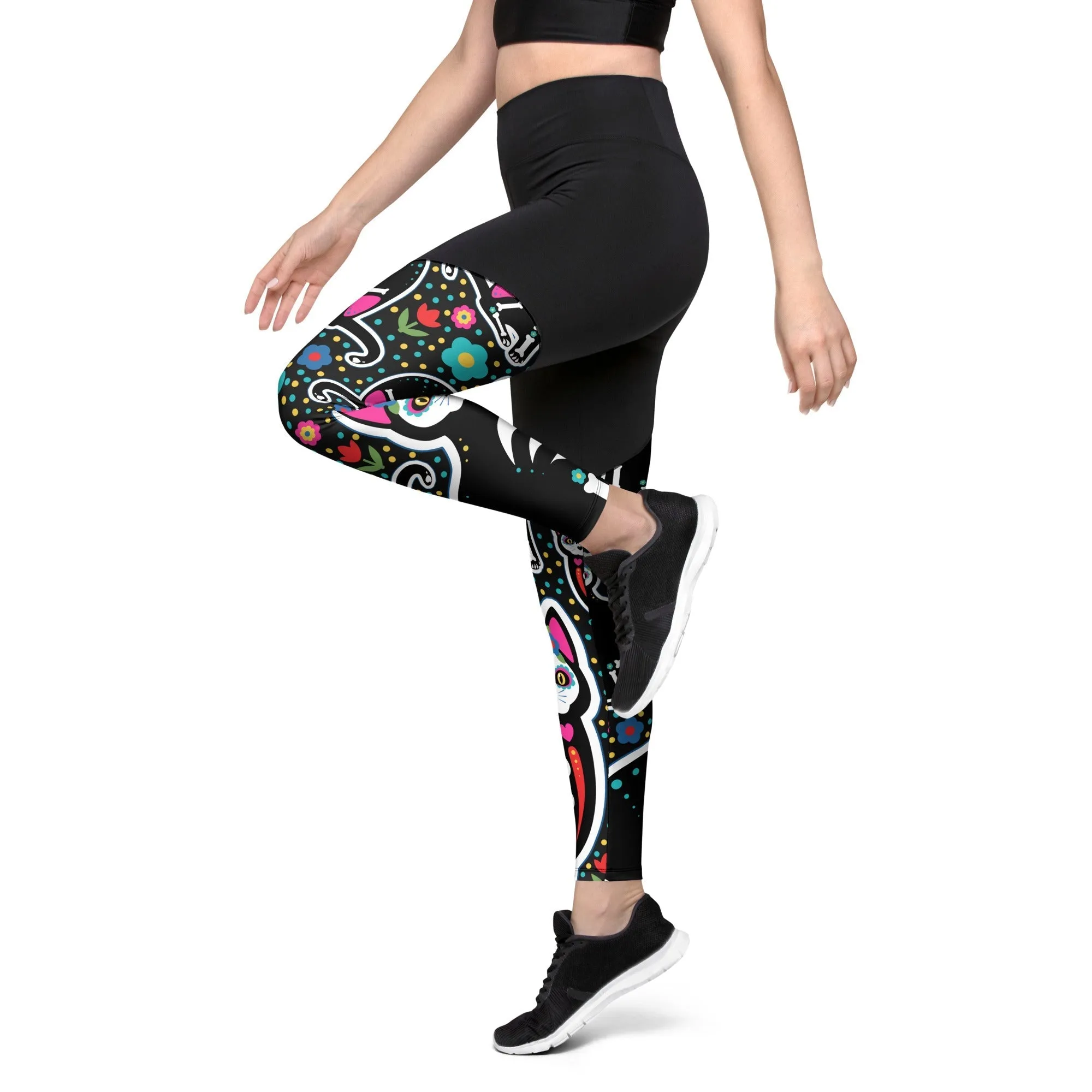 Day of the Dead Cat Print Compression Leggings