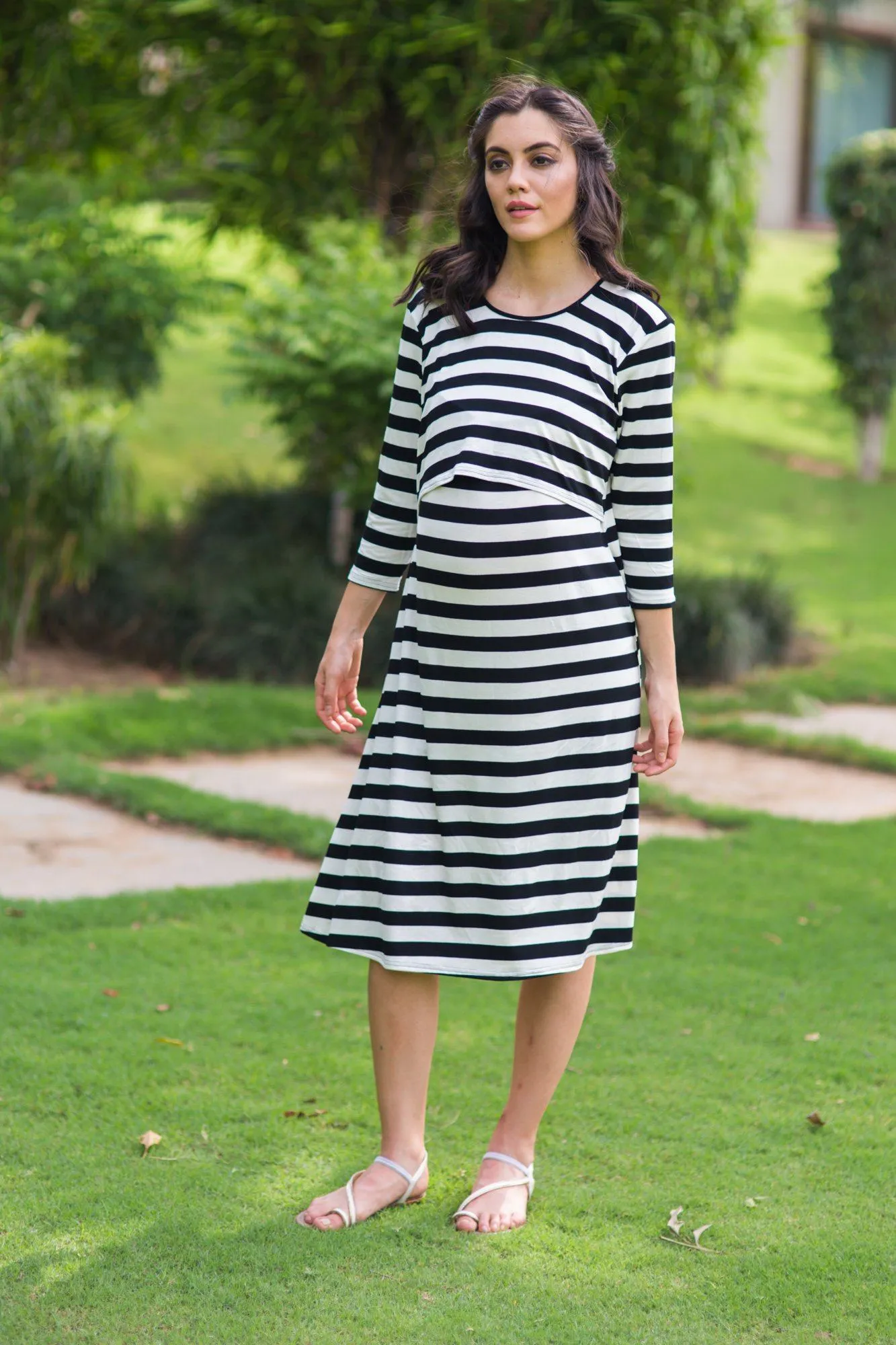 Elegant Royal Striped Maternity & Nursing Dress