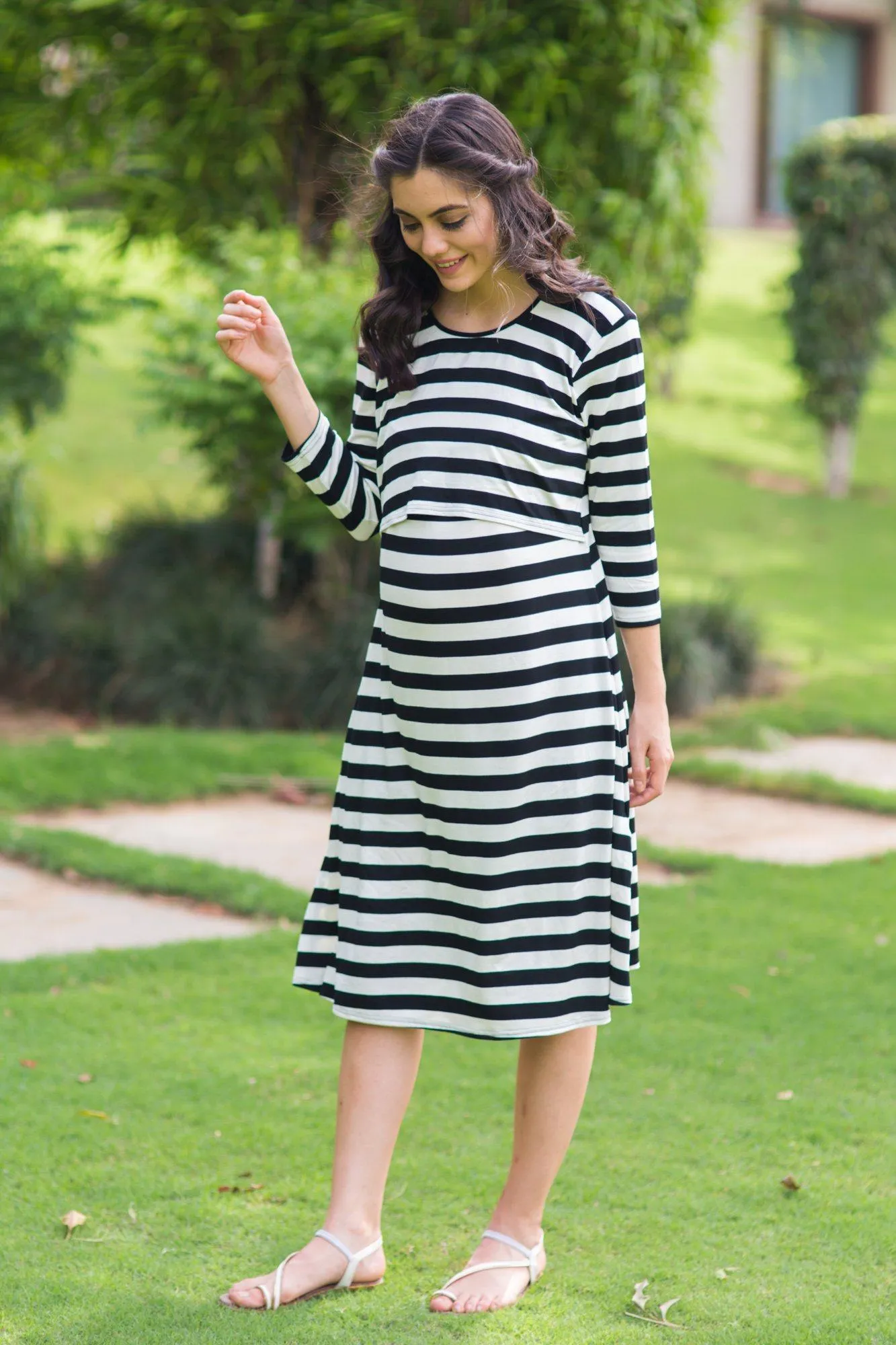 Elegant Royal Striped Maternity & Nursing Dress