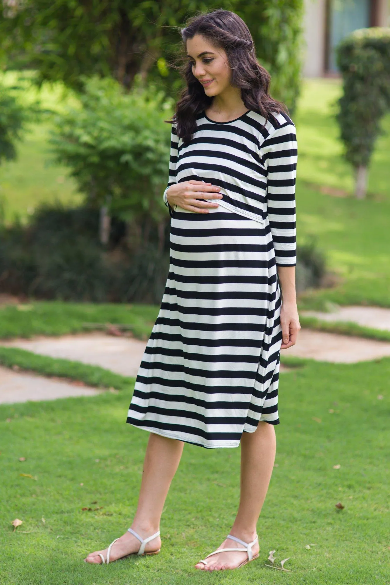 Elegant Royal Striped Maternity & Nursing Dress