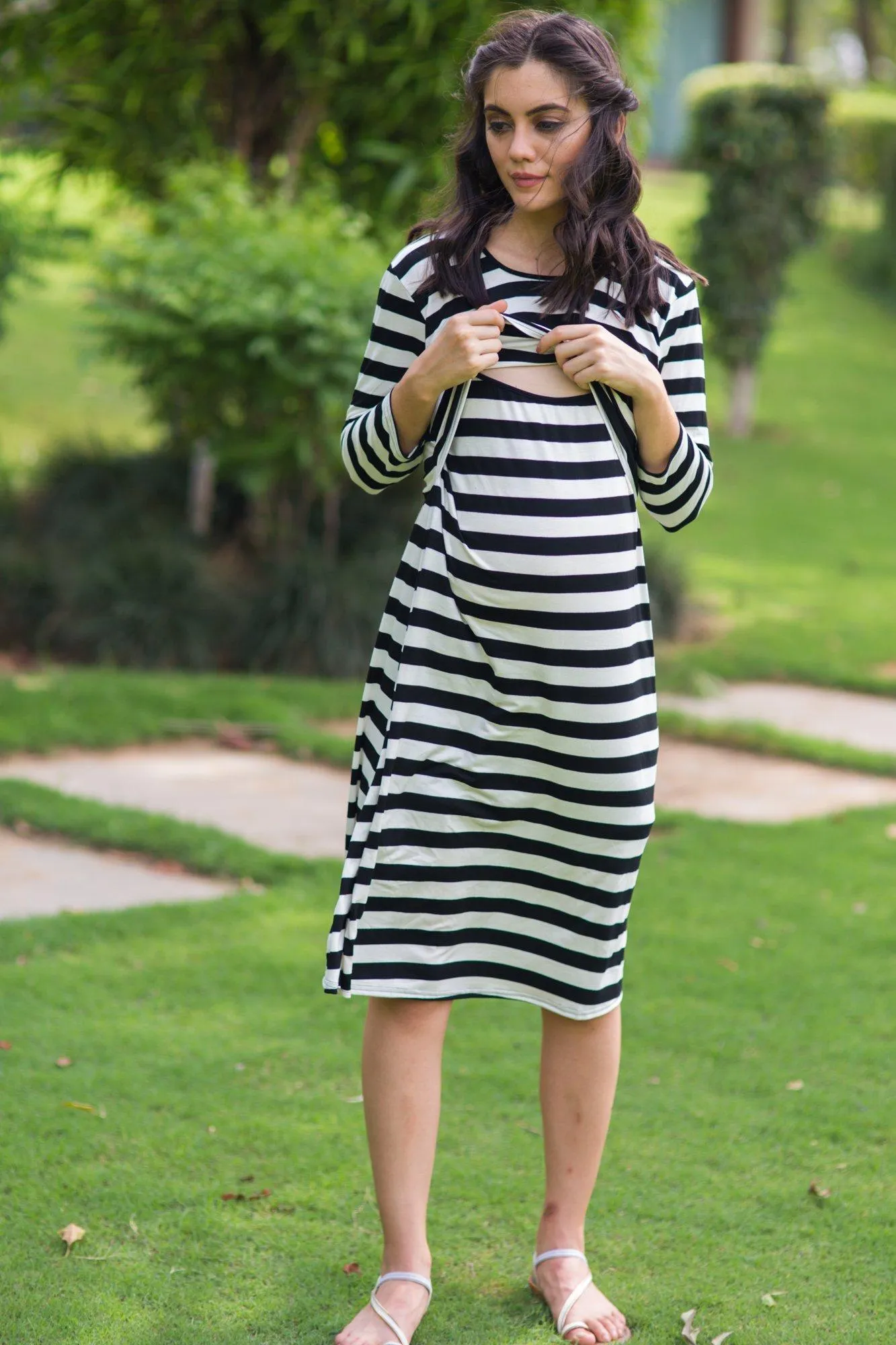 Elegant Royal Striped Maternity & Nursing Dress