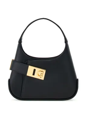 FERRAGAMO Black Mini Leather Shoulder Bag with Gancini Buckle and Single Top Handle for Women SS24