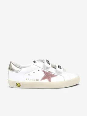 Girls Leather and Glitter Star Old School Trainers in White