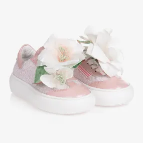 Girls Pink Leather Flower Trainers