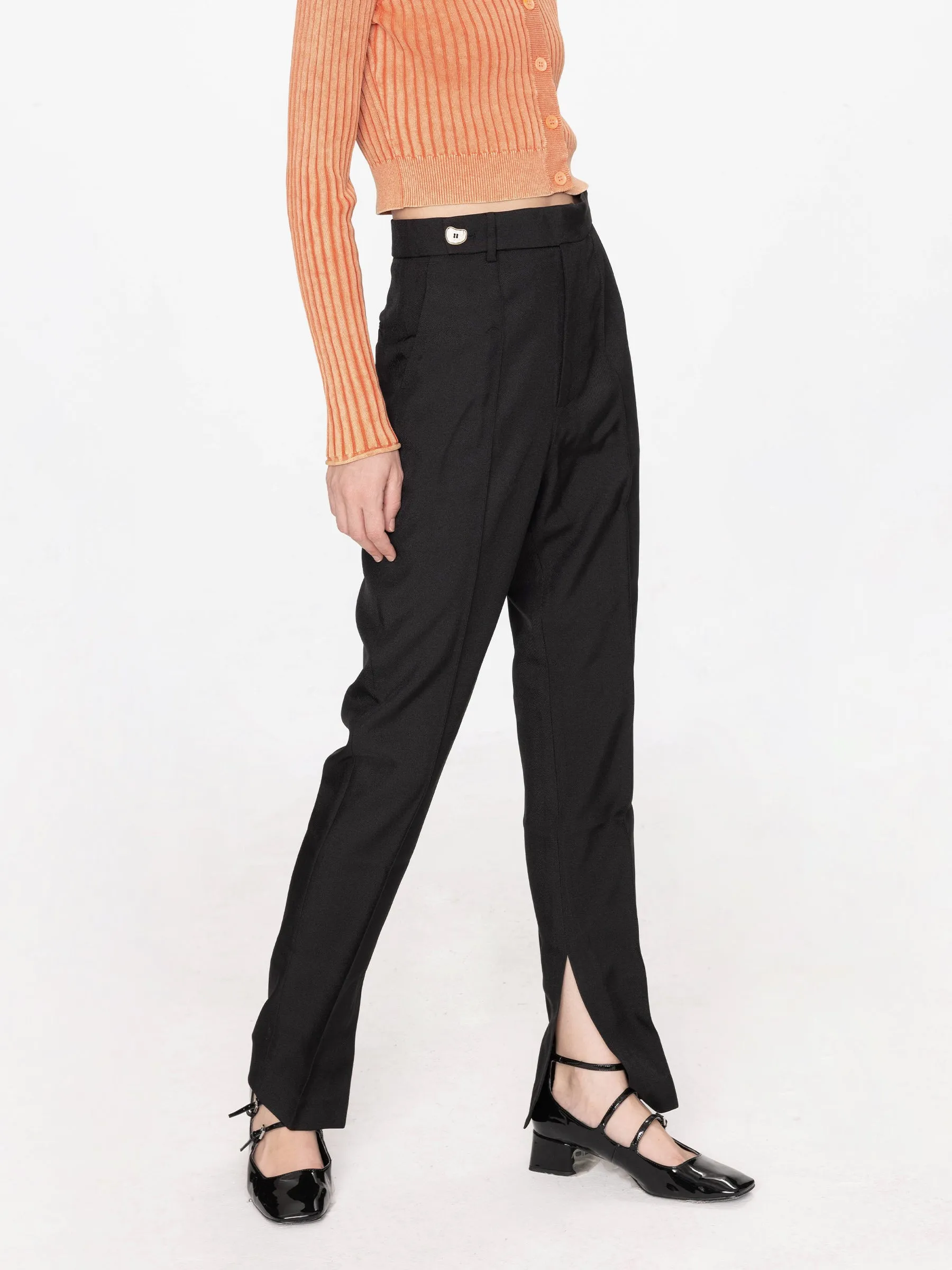 High Waisted Straight-Leg Slitted Trousers