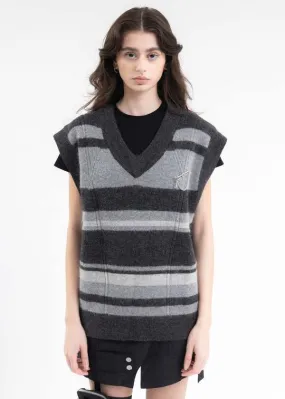 HOLLOW OUT V-NECK KNIT VEST - GRAY/BLACK