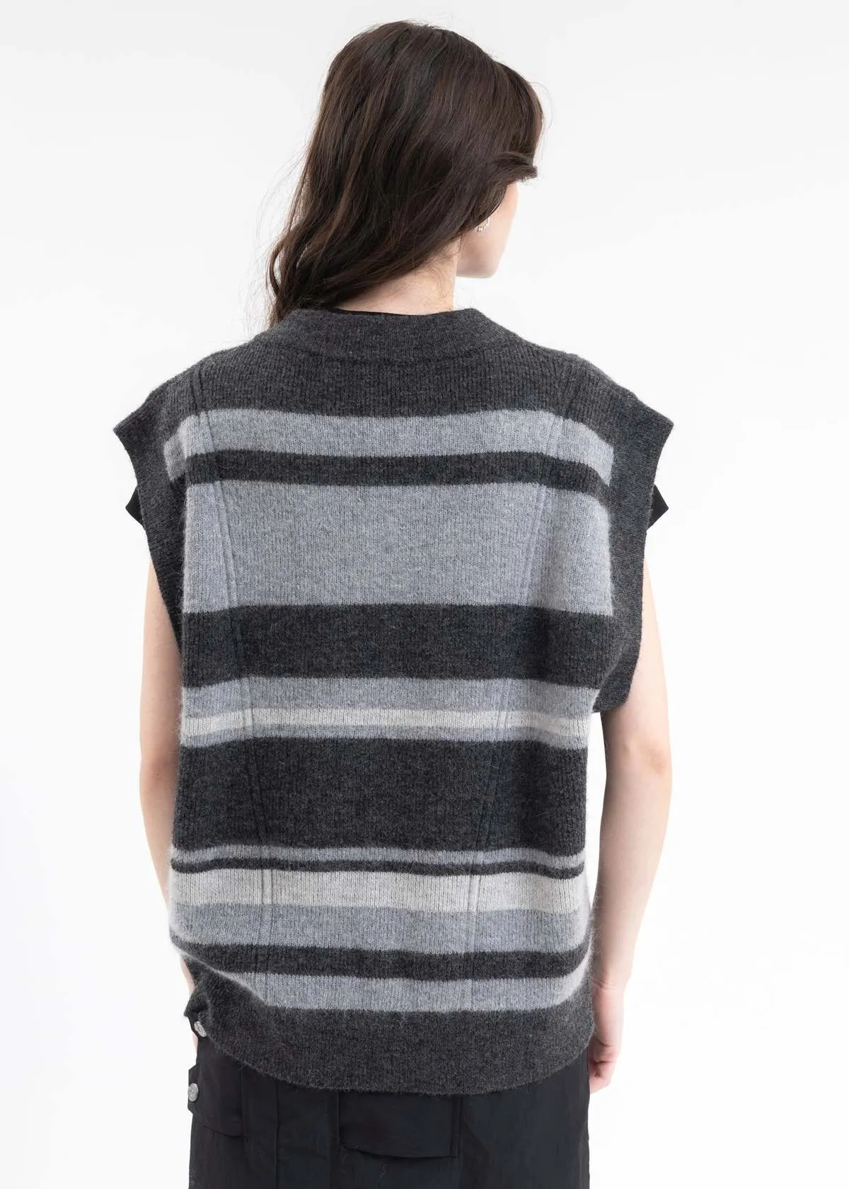 HOLLOW OUT V-NECK KNIT VEST - GRAY/BLACK