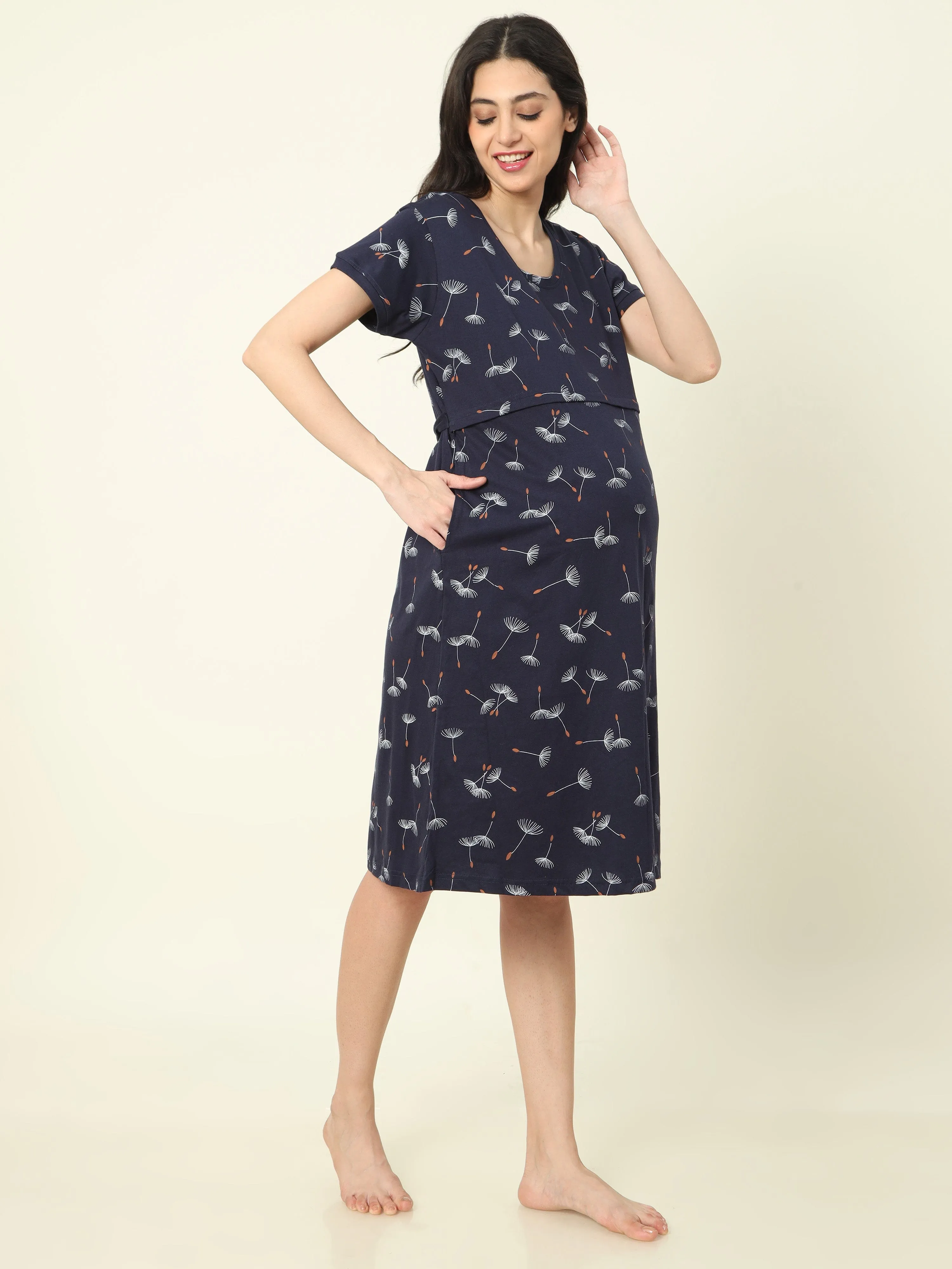 Hosiery Cotton Maternity Nighty | Dark Blue