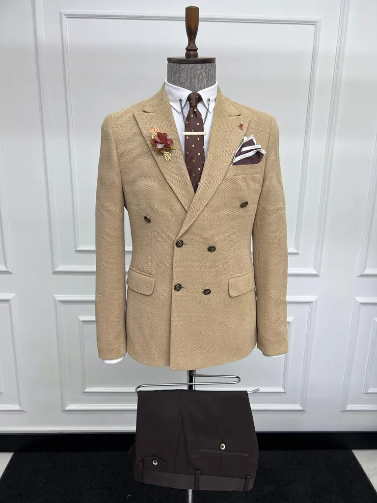 Howard Slim Fit Special Design Double Breasted Beige Jacket