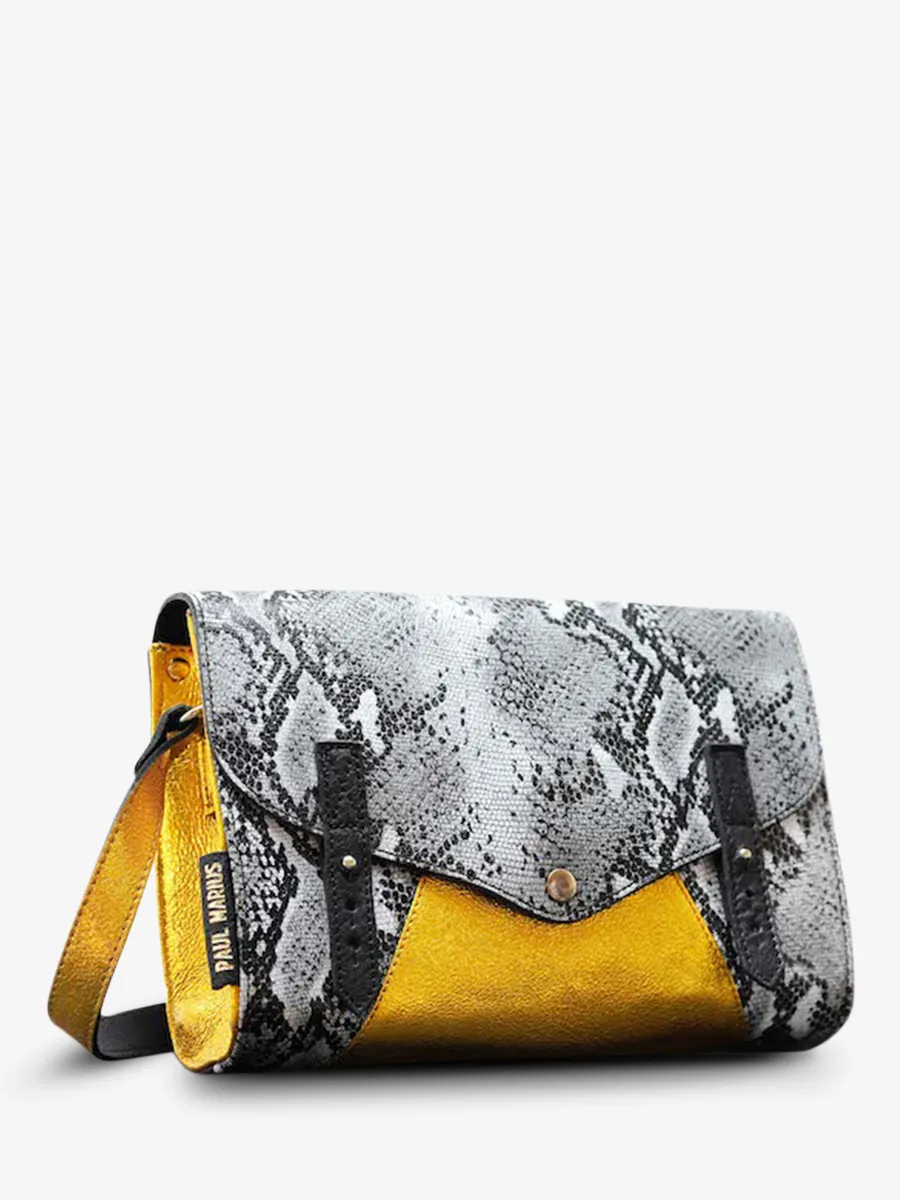 leather woman shoulder bag Grey,Yellow - L'Indispensable Python Granite Metallic Yellow | PAUL MARIUS