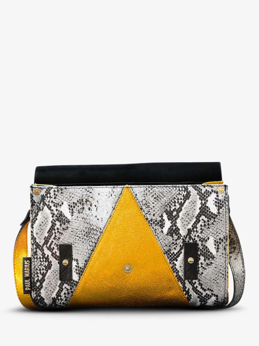 leather woman shoulder bag Grey,Yellow - L'Indispensable Python Granite Metallic Yellow | PAUL MARIUS