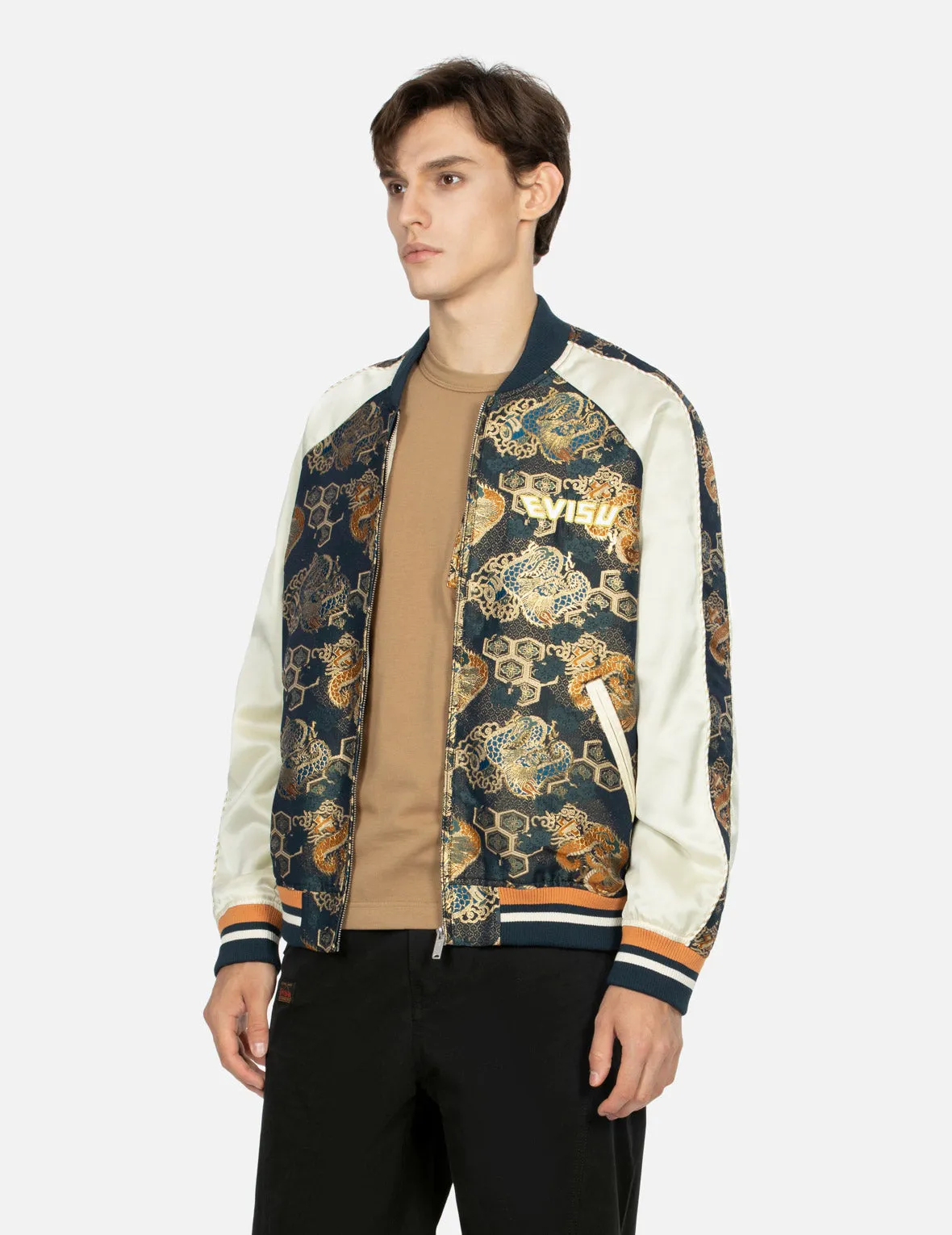 Logo Embroidery Brocade Fabric-blocking Loose Fit Jacket