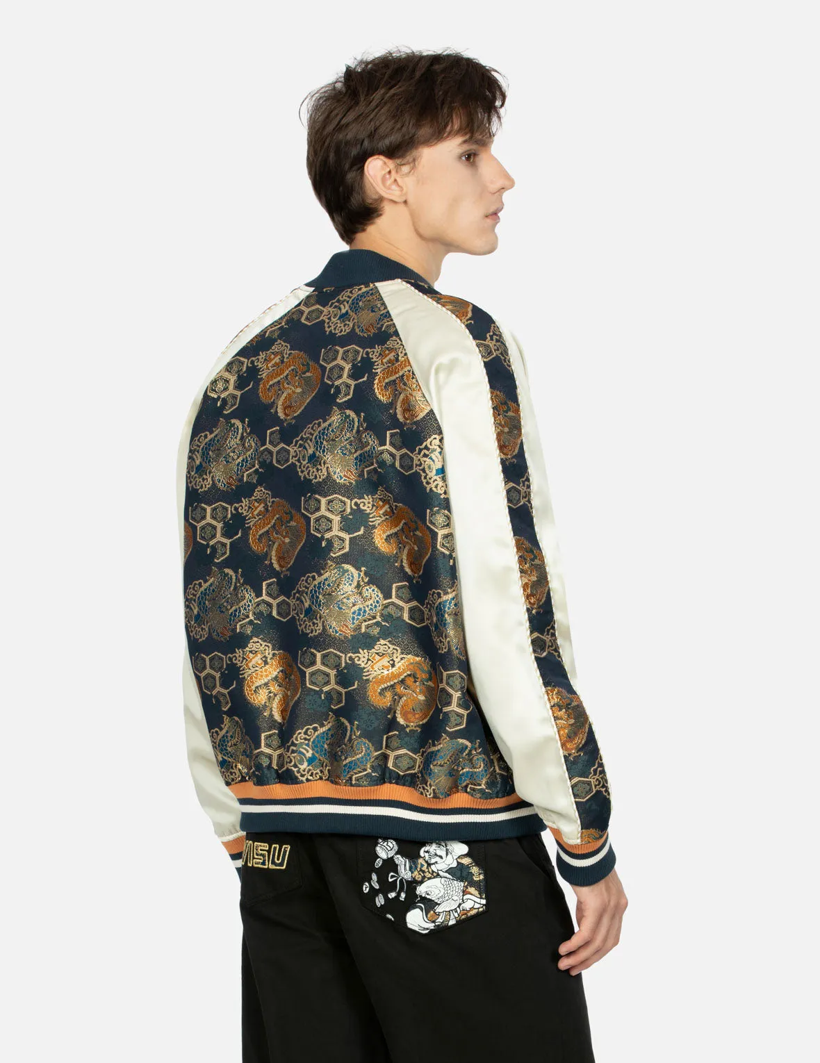 Logo Embroidery Brocade Fabric-blocking Loose Fit Jacket