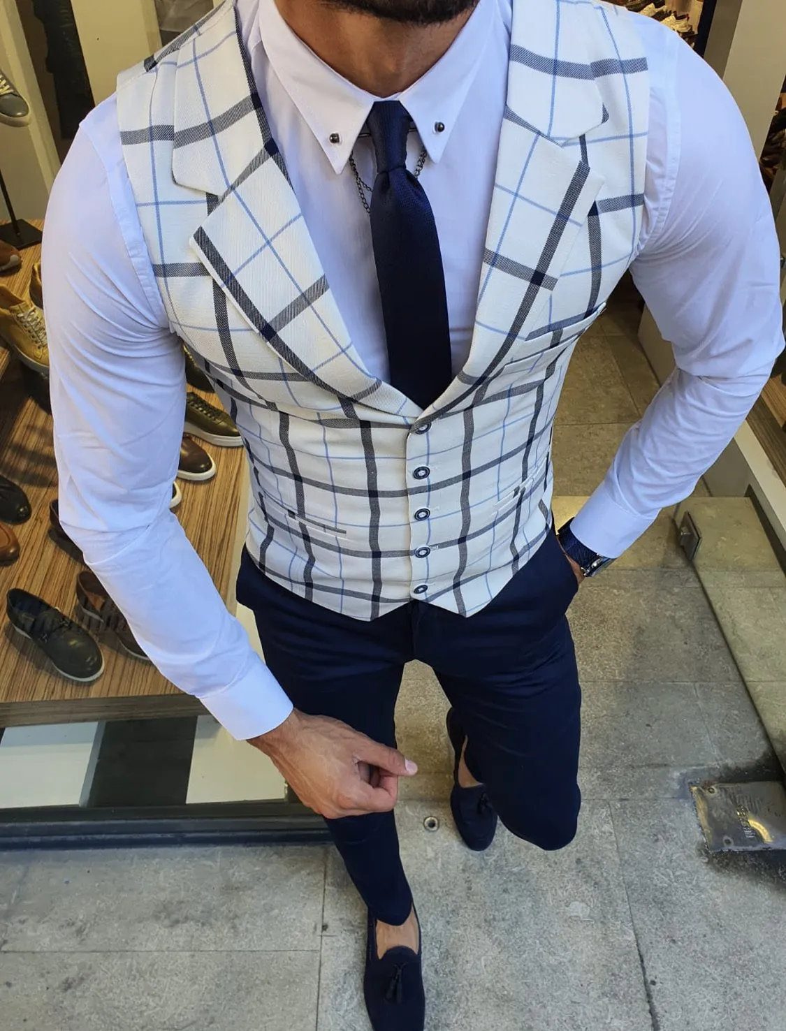 Malacan White Slim Fit Plaid Vest