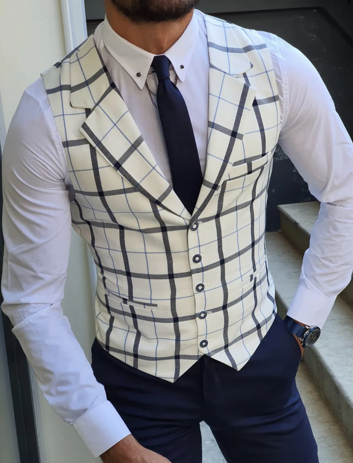 Malacan White Slim Fit Plaid Vest