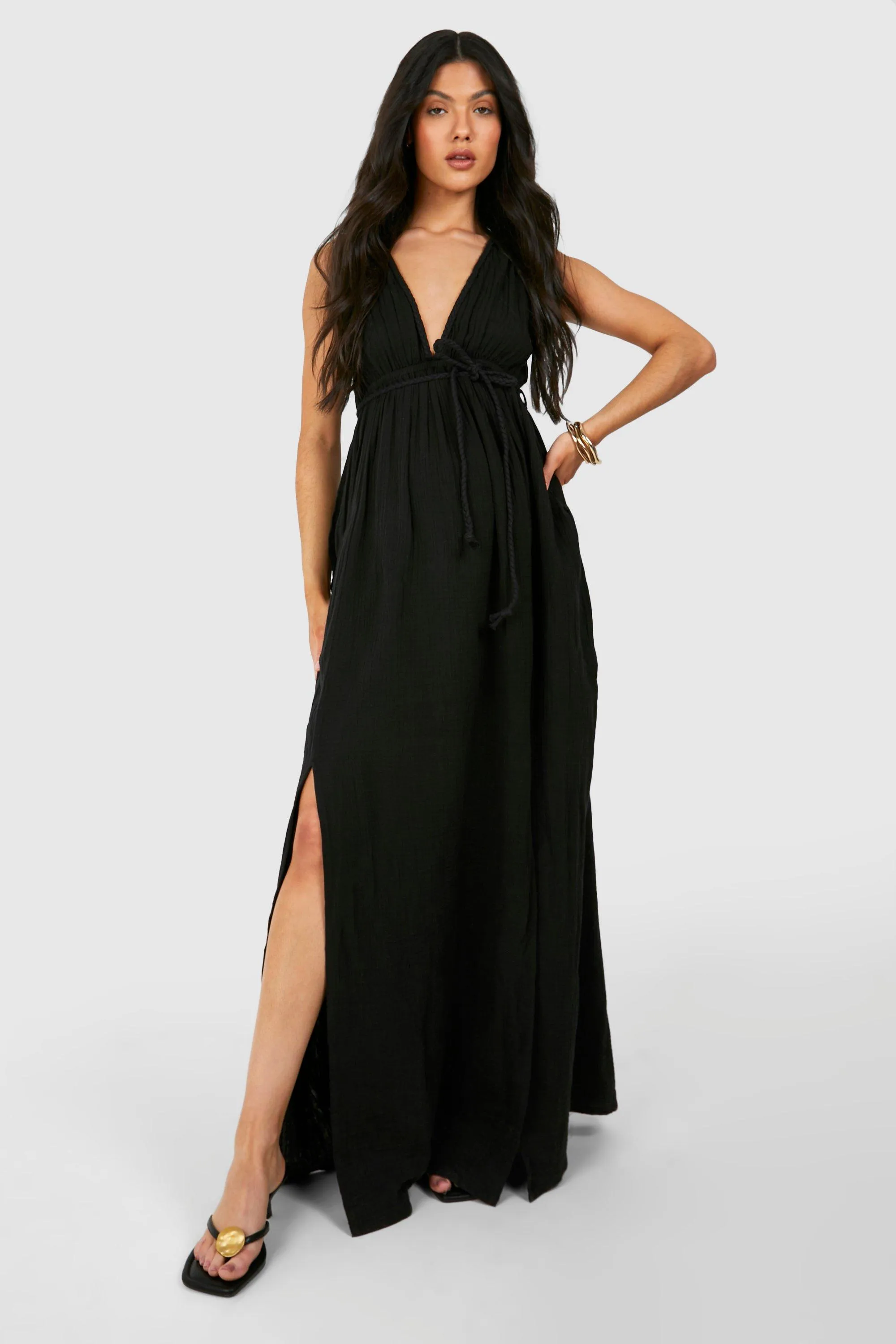 Maternity Belted Cheesecloth Maxi Dress