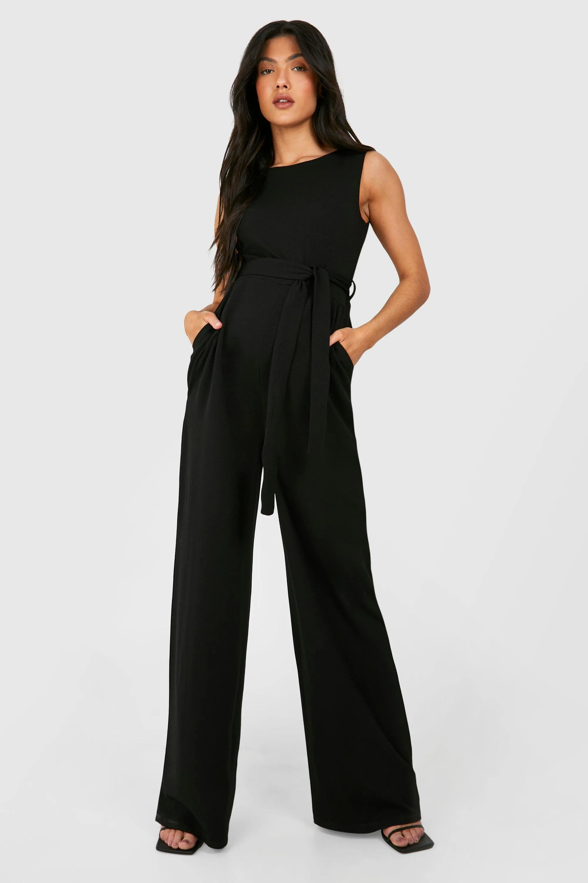 Maternity Crepe Belted Wide Leg Jumpsuit