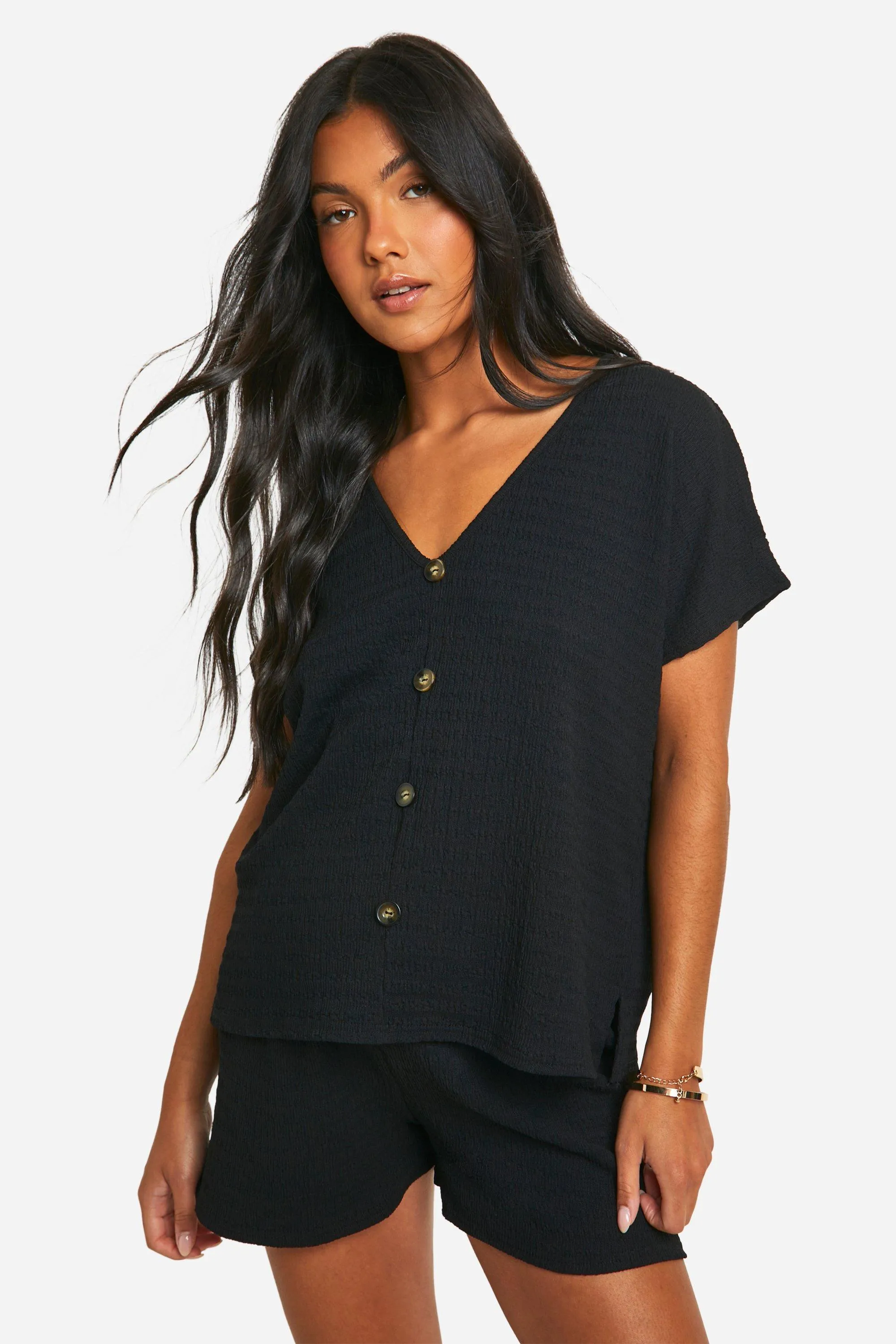 Maternity Crinkle Button Down Short Sleeve Shirt