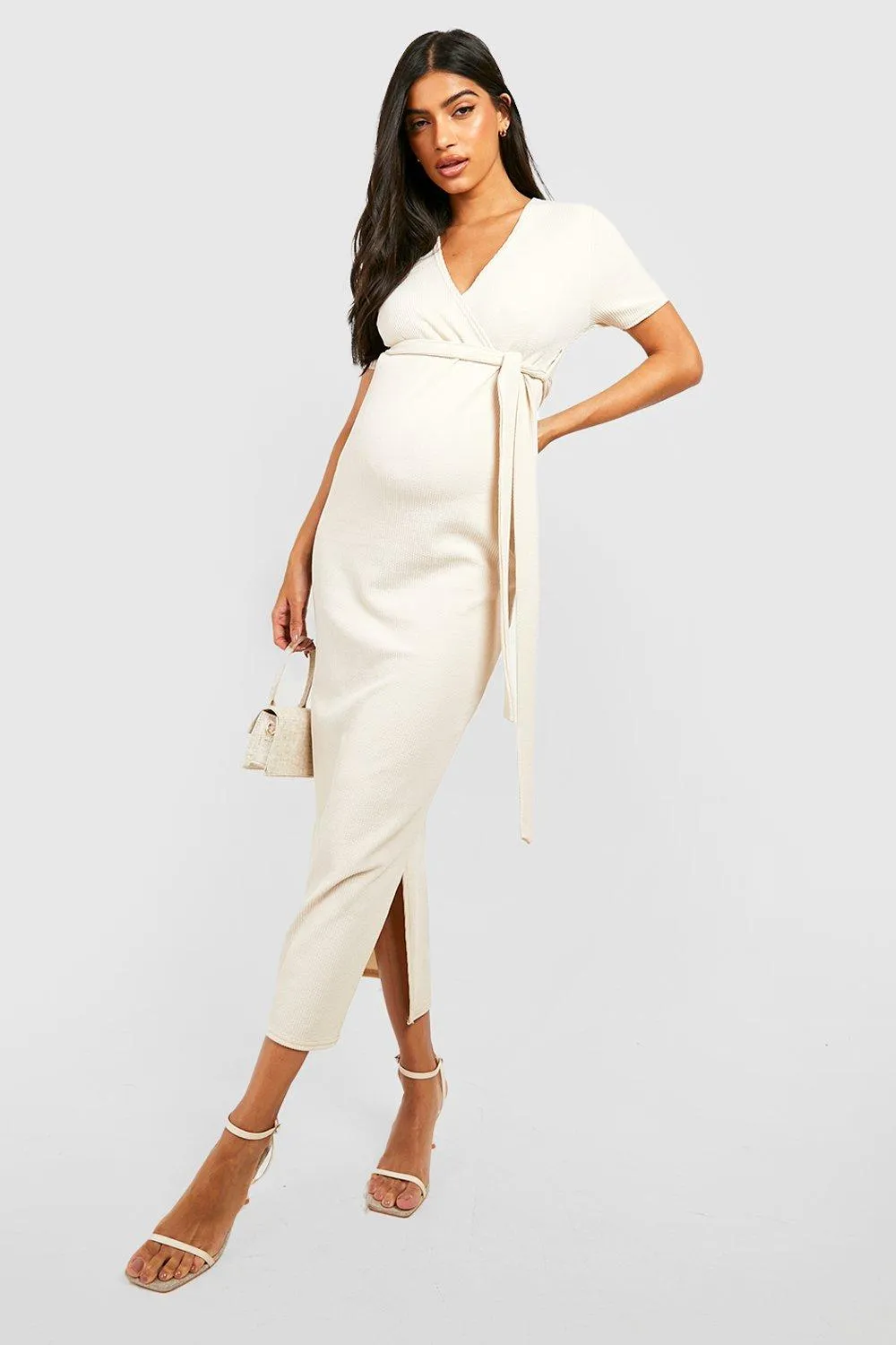 Maternity Crinkle Rib Belted Midi Dress