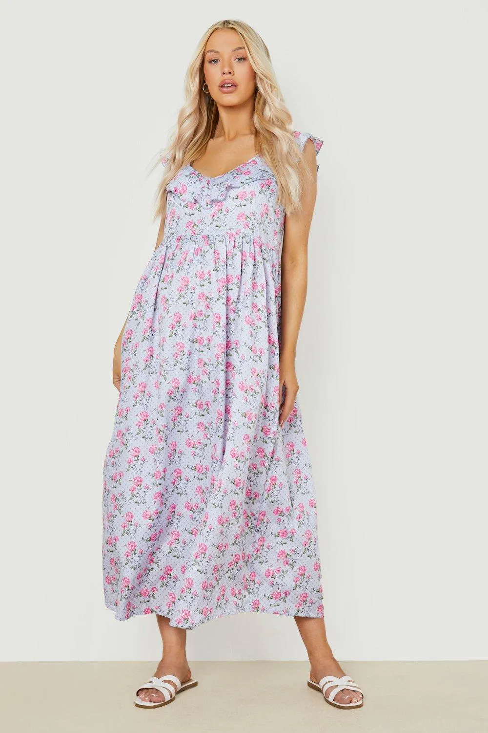 Maternity Floral Frill Maxi Dress