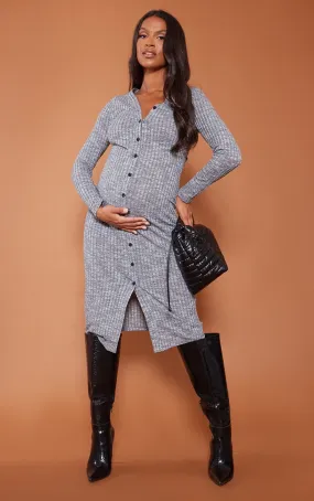 Maternity Grey Marl Fitted Rib Longsleeve Dress