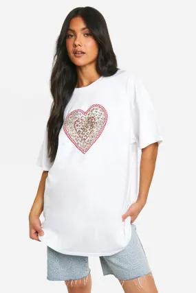 Maternity Leopard Heart Print Oversized T-shirt