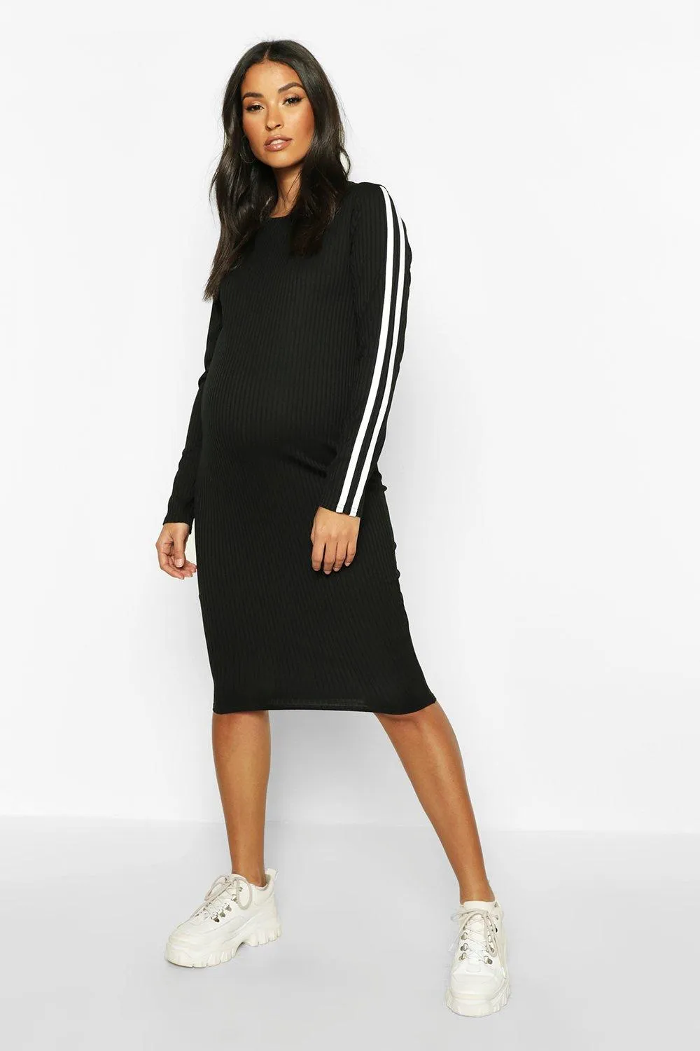 Maternity Long Sleeve Stripe Rib Bodycon Dress