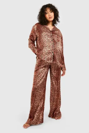 Maternity Oversized Satin Leopard Pajama Set