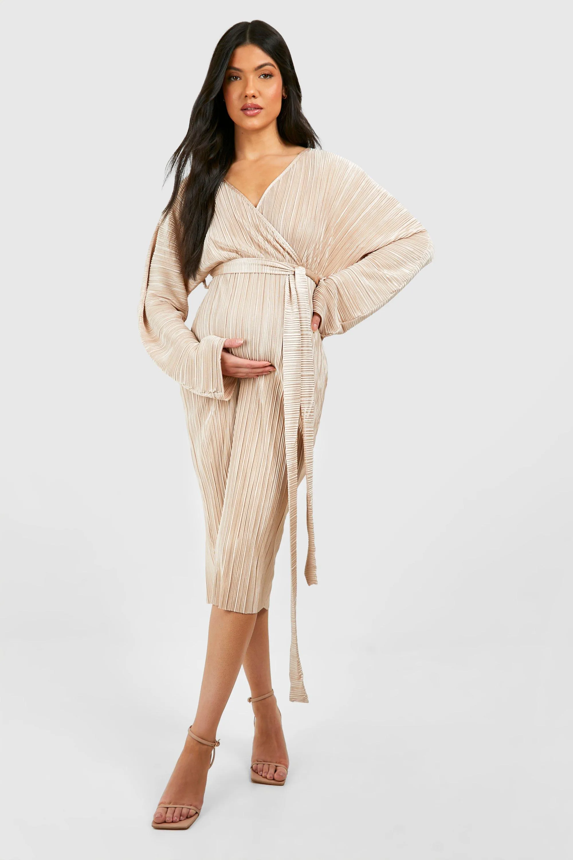 Maternity Plisse Belted Midi Dress