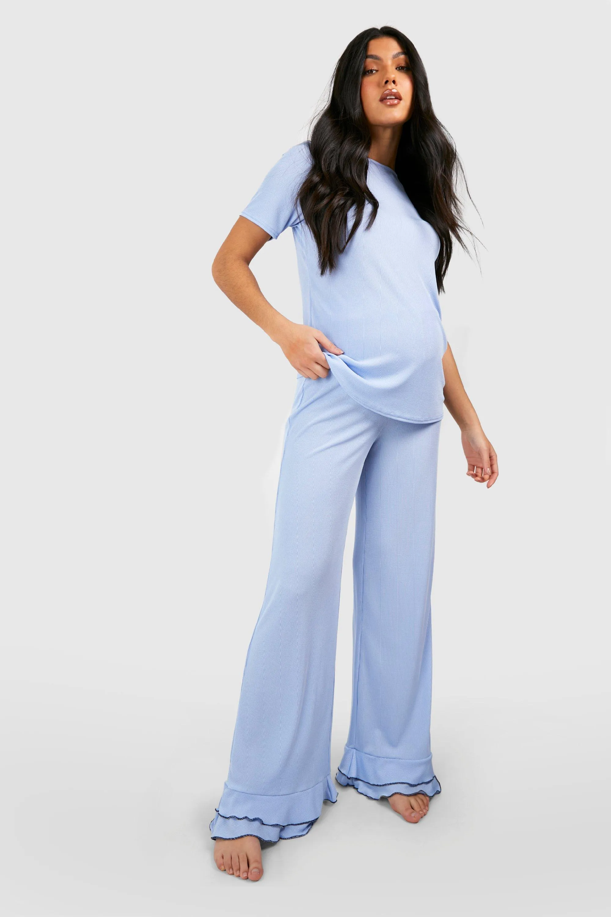 Maternity Rib Ruffle Hem Pajama Set