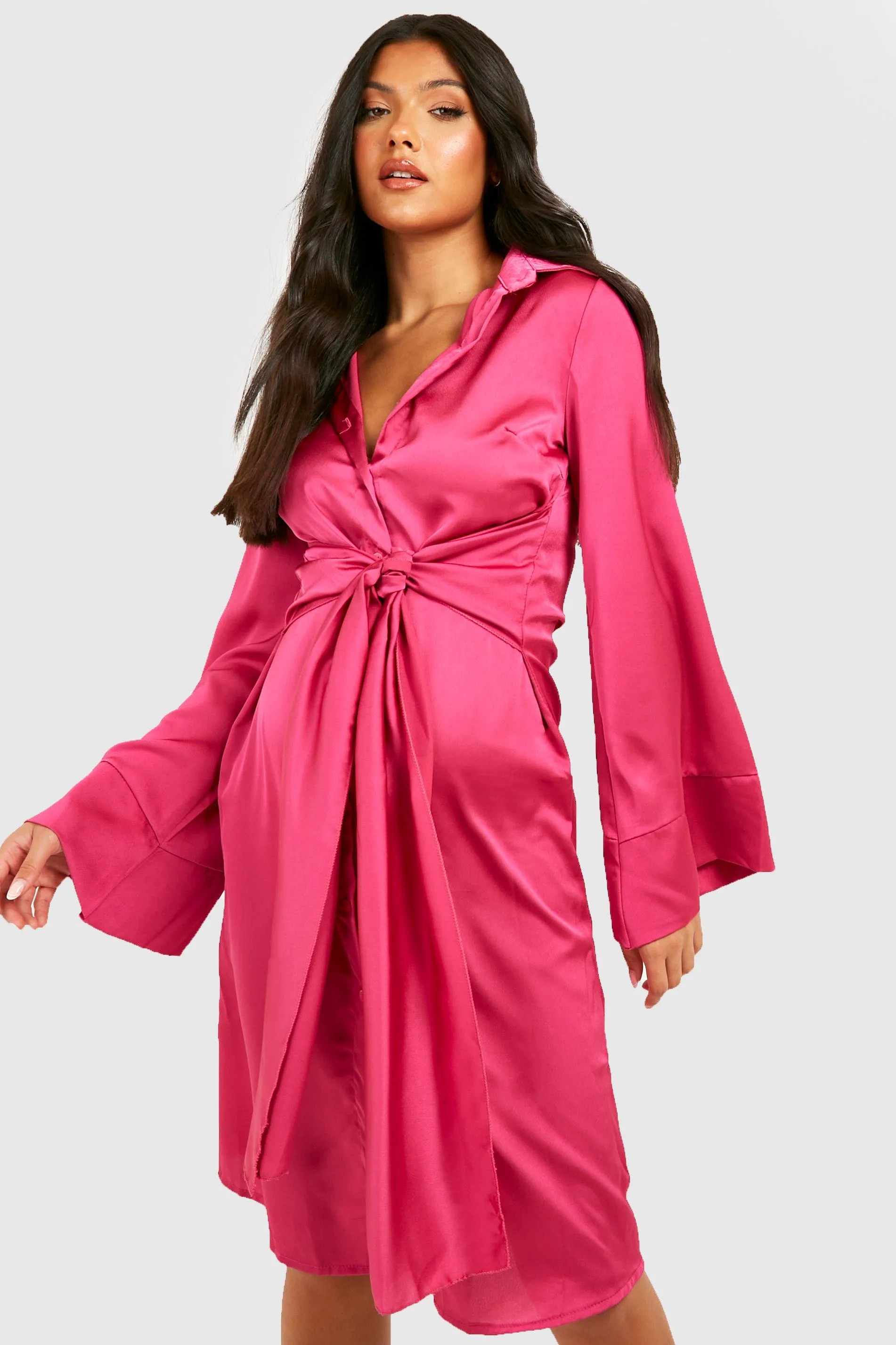 Maternity Satin Tie Waist Shirt Midi Dress