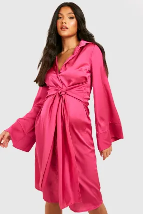 Maternity Satin Tie Waist Shirt Midi Dress