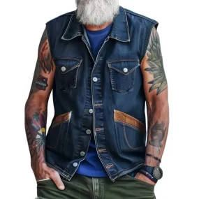 Men's Casual Vintage Denim Pocket Stitching Vest 89776229TO