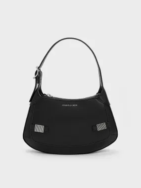 Metallic-Accent Curved Shoulder Bag - Black