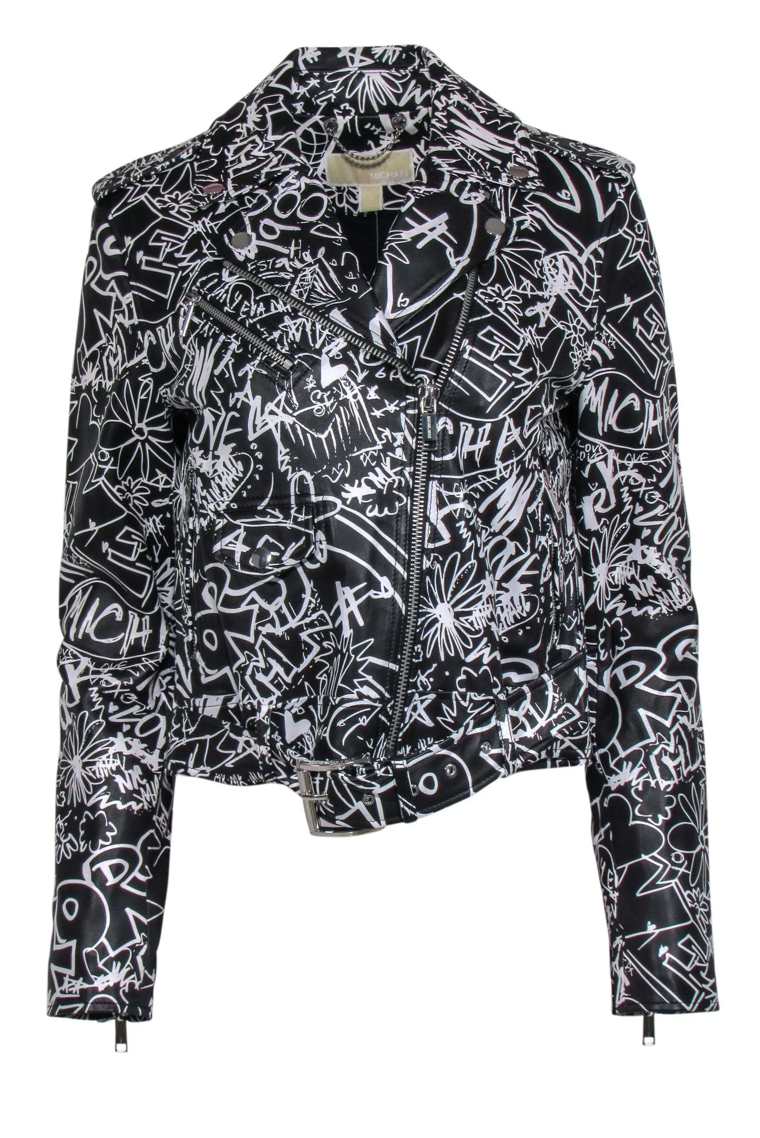 Michael Kors - Black & White Graffiti Leather Moto Jacket Sz M